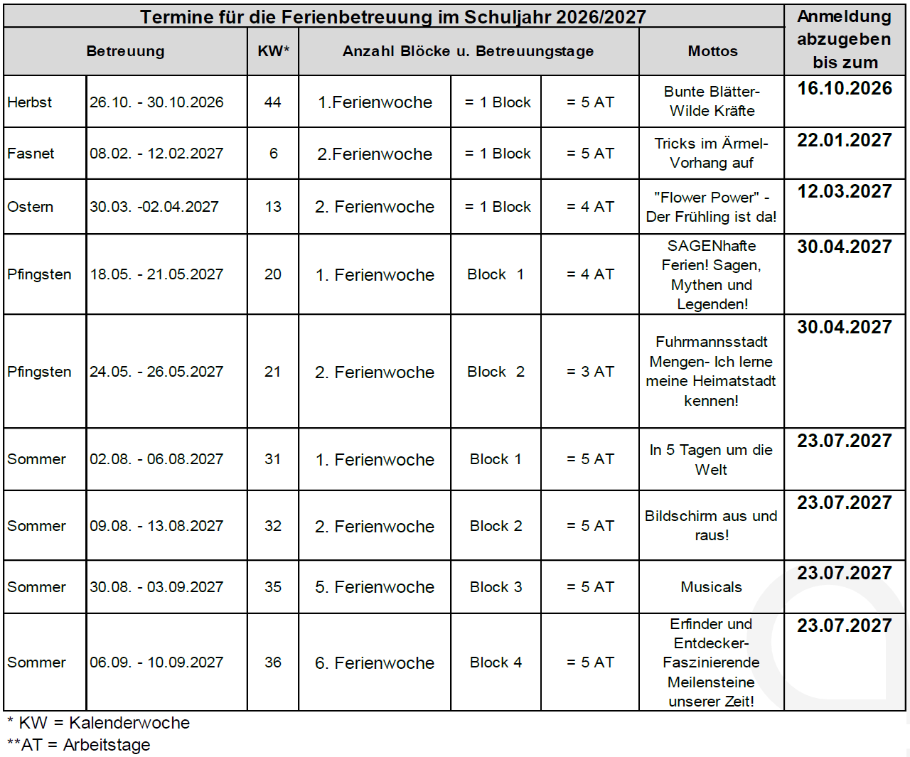 Termine Ferienbetreuung Termine Ferienbetreuung