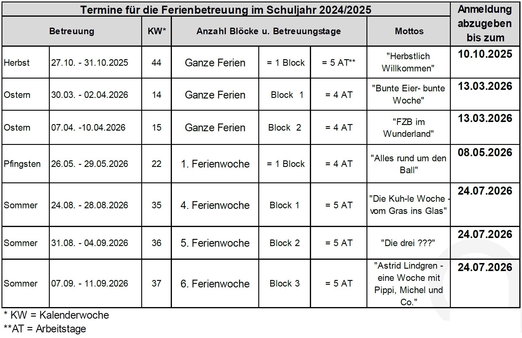Termine Ferienbetreuung